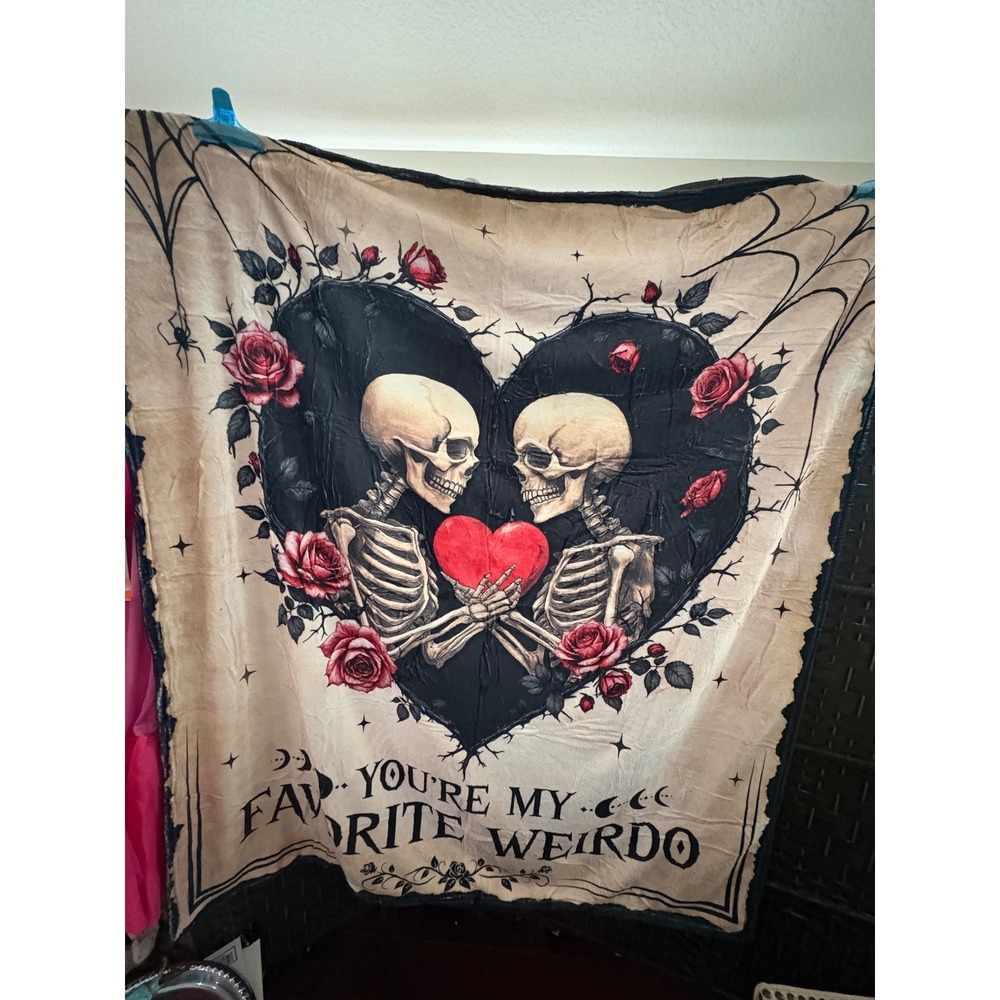 Skeleton Couple You're My Favorite Weirdo Throw Blanket Gothic Rose Heart Plush